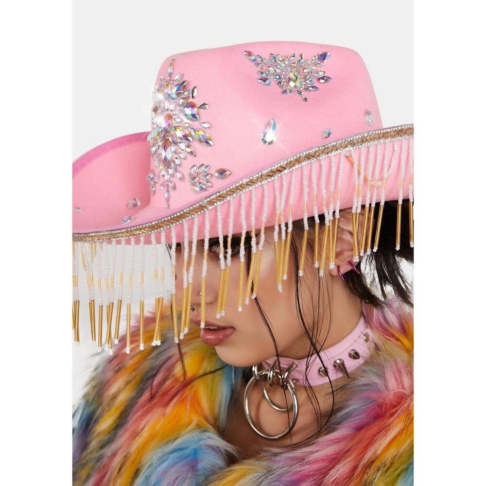 Iridescent jeweled fringe western cowgirl hat